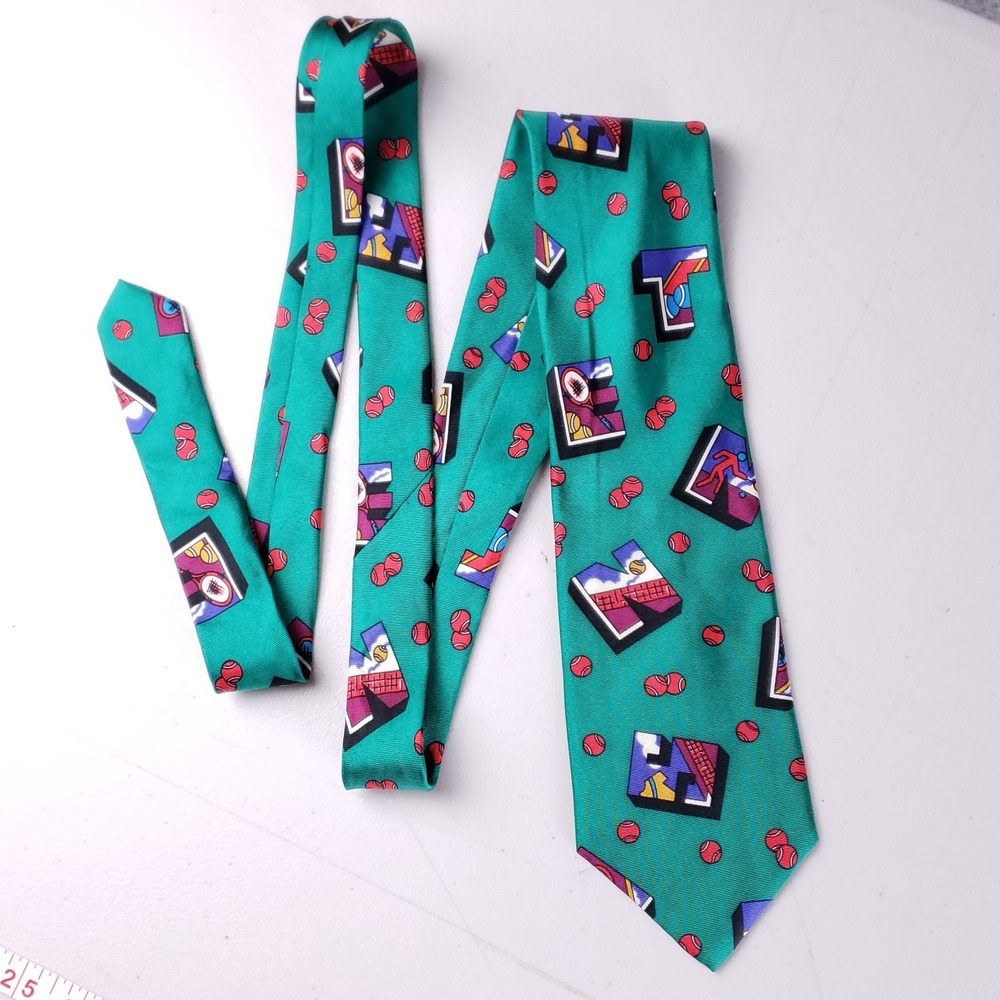Hathaway All Silk Tie Green Tennis Print Sports Novelty Made in USA Men's Neckwe